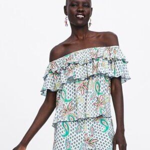 Zara Ruffled Off the‎ Shoulder Top Paisley Print S Blouse Aqua Boho